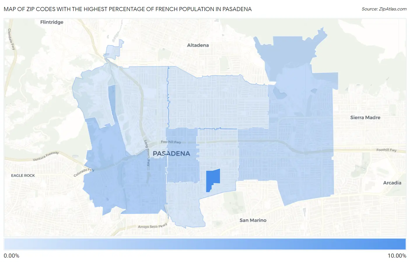 Zip Codes with the Highest Percentage of French Population in Pasadena Map