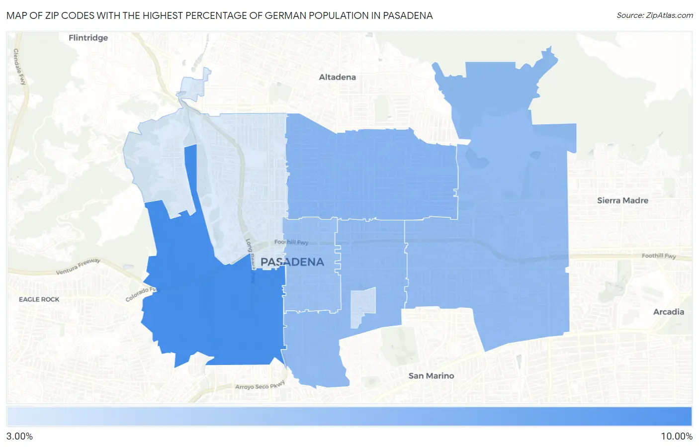 Zip Codes with the Highest Percentage of German Population in Pasadena Map
