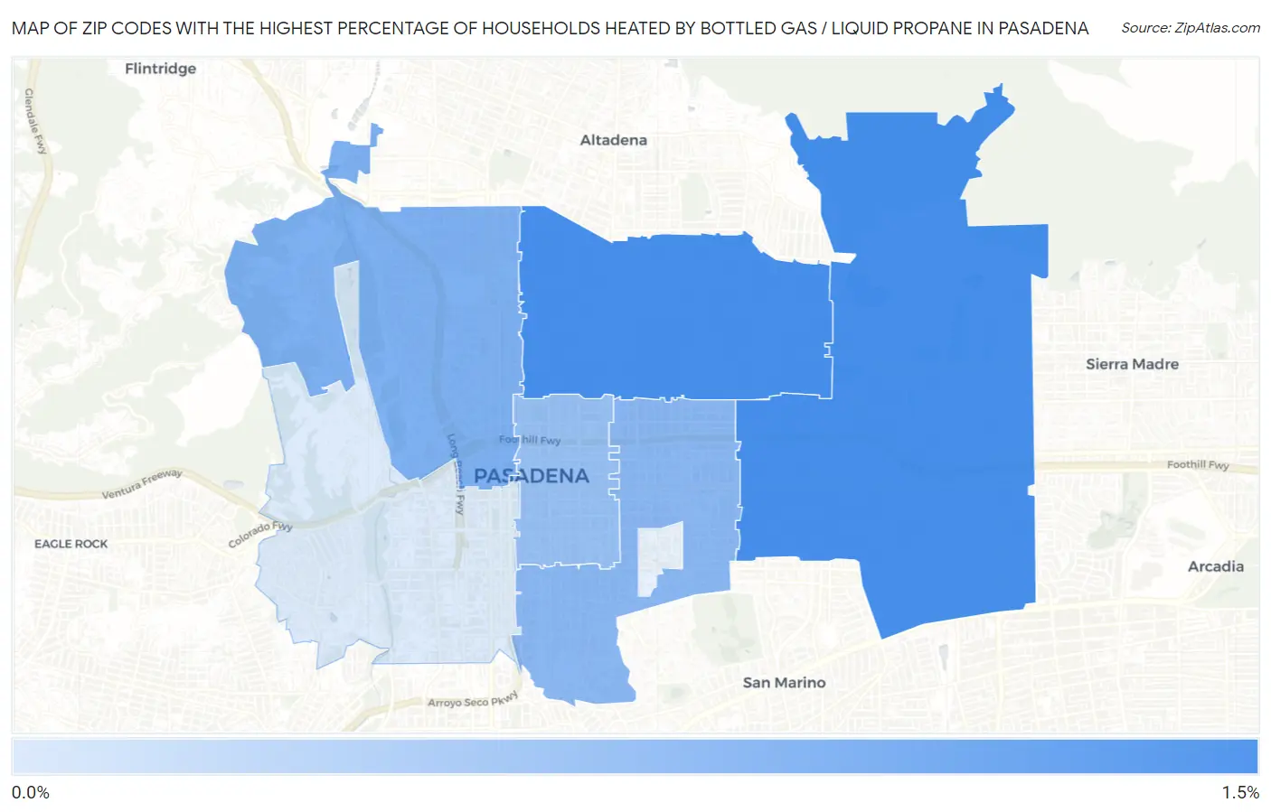 Zip Codes with the Highest Percentage of Households Heated by Bottled Gas / Liquid Propane in Pasadena Map