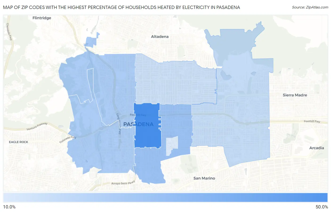 Zip Codes with the Highest Percentage of Households Heated by Electricity in Pasadena Map