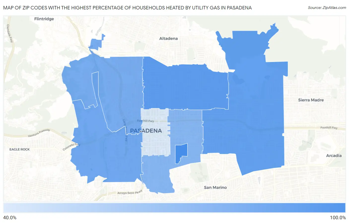 Zip Codes with the Highest Percentage of Households Heated by Utility Gas in Pasadena Map