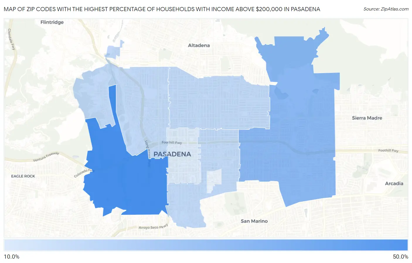 Zip Codes with the Highest Percentage of Households with Income Above $200,000 in Pasadena Map