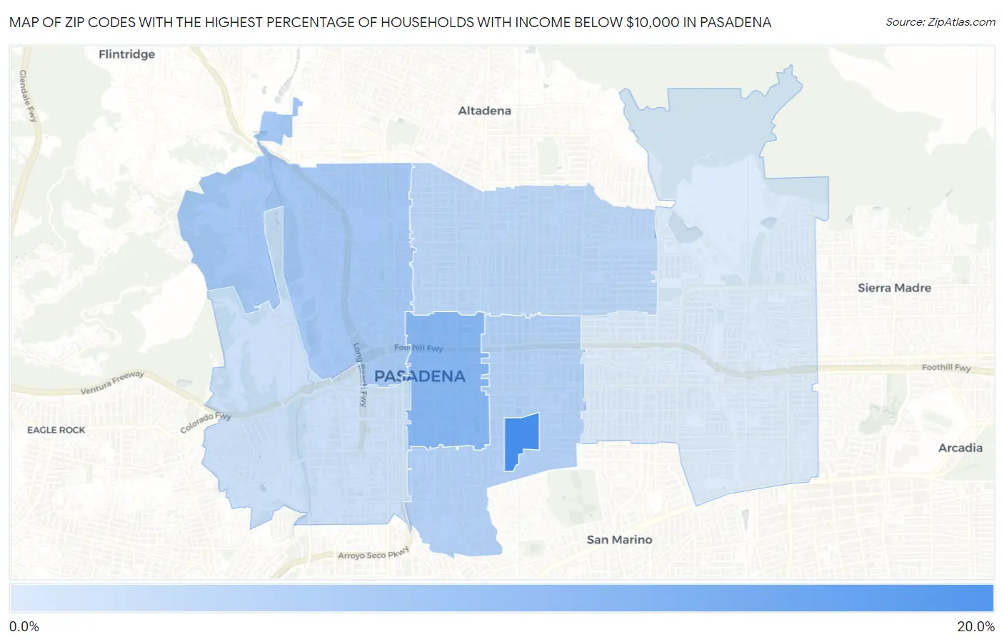 Zip Codes with the Highest Percentage of Households with Income Below $10,000 in Pasadena Map