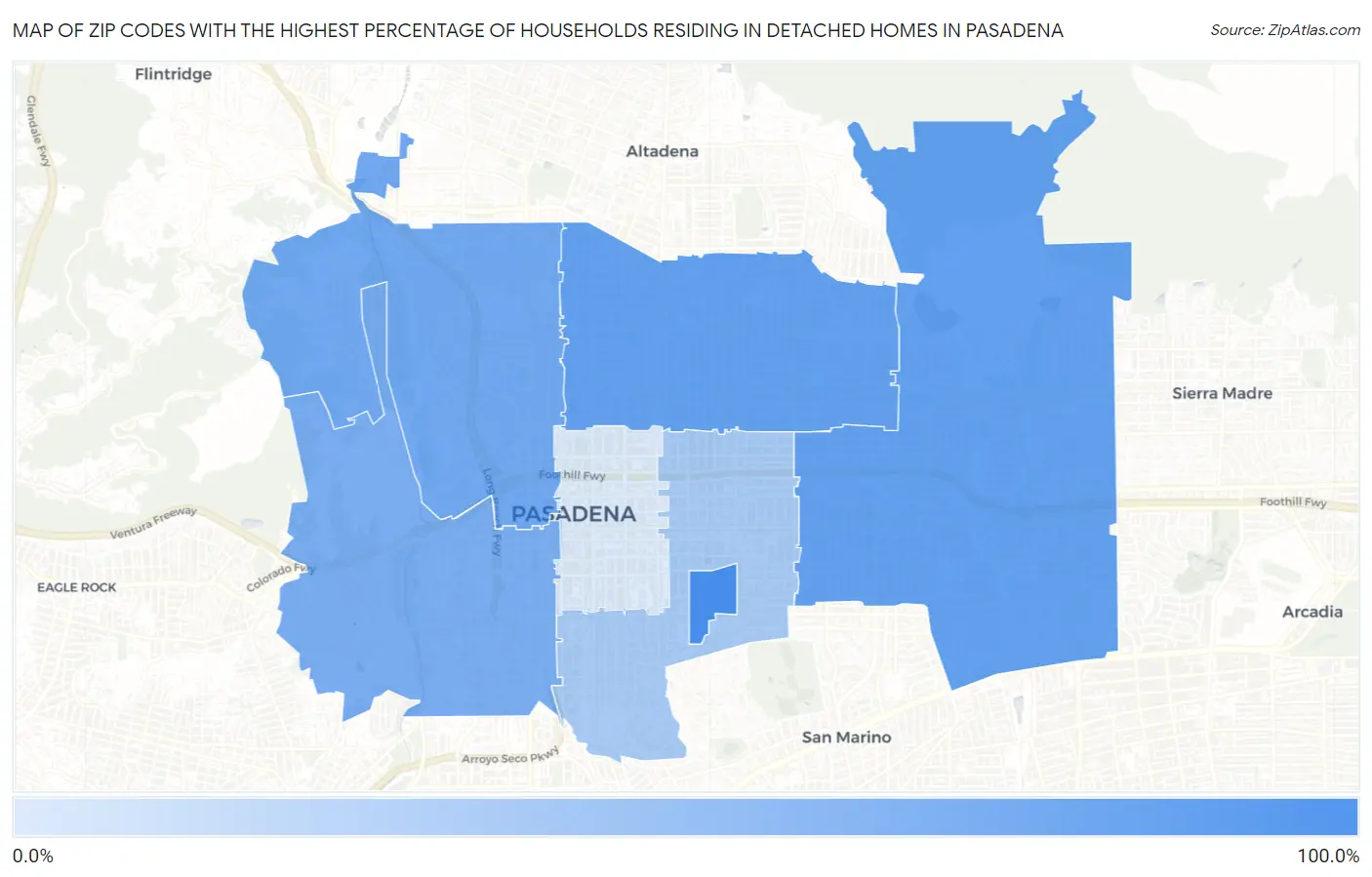 Zip Codes with the Highest Percentage of Households Residing in Detached Homes in Pasadena Map
