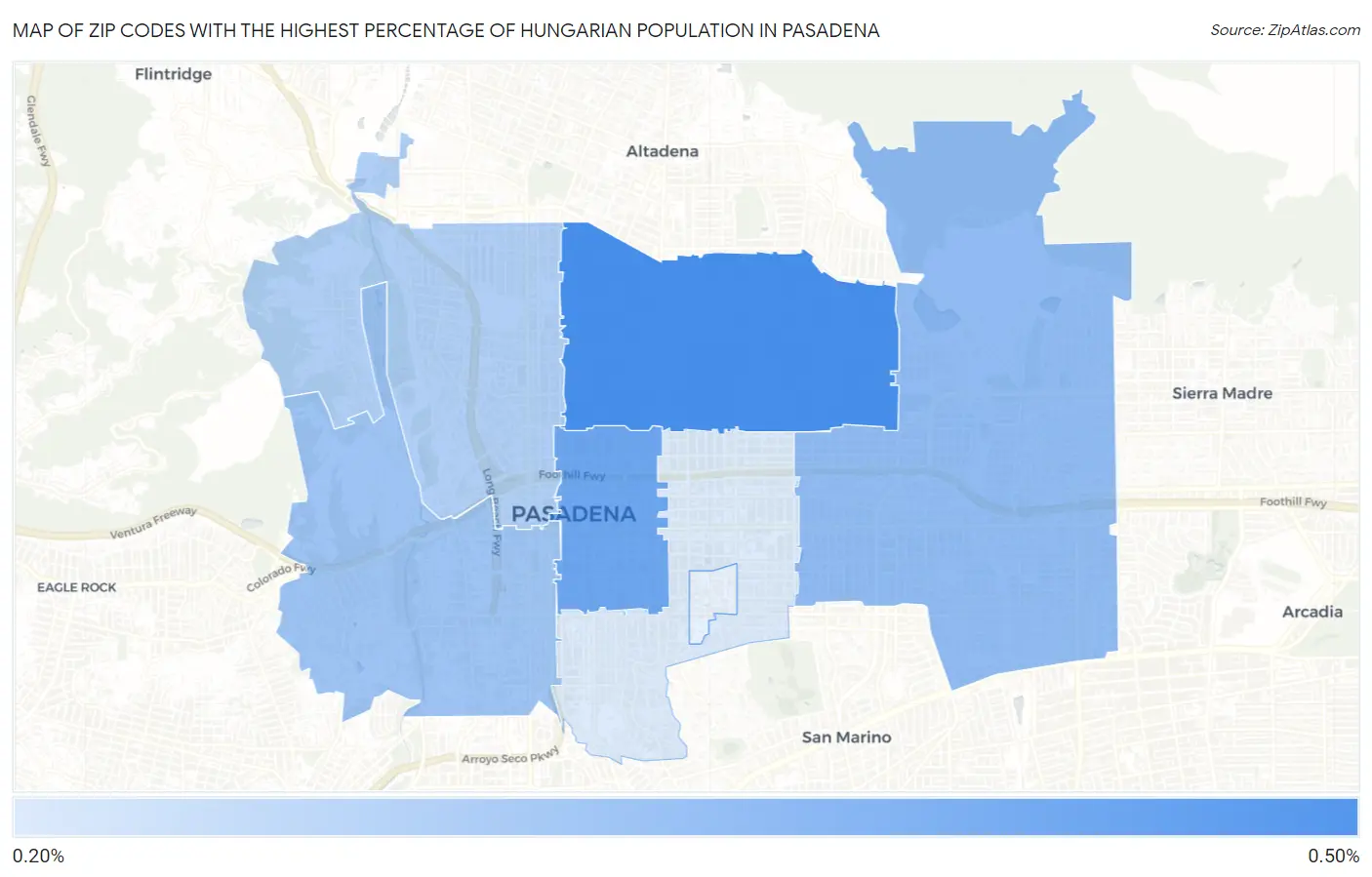 Zip Codes with the Highest Percentage of Hungarian Population in Pasadena Map