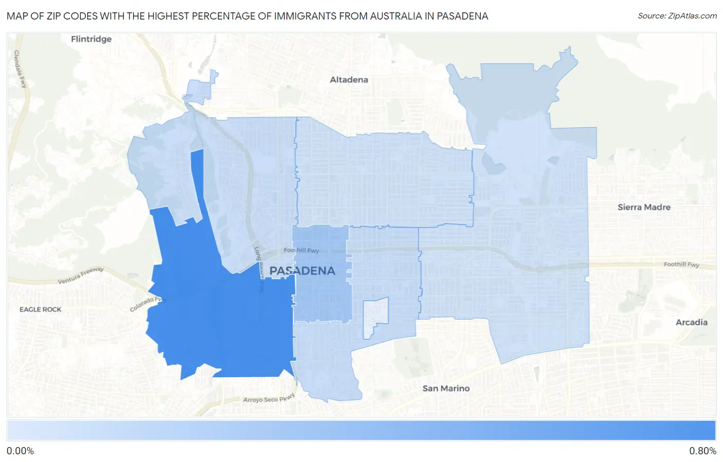Zip Codes with the Highest Percentage of Immigrants from Australia in Pasadena Map