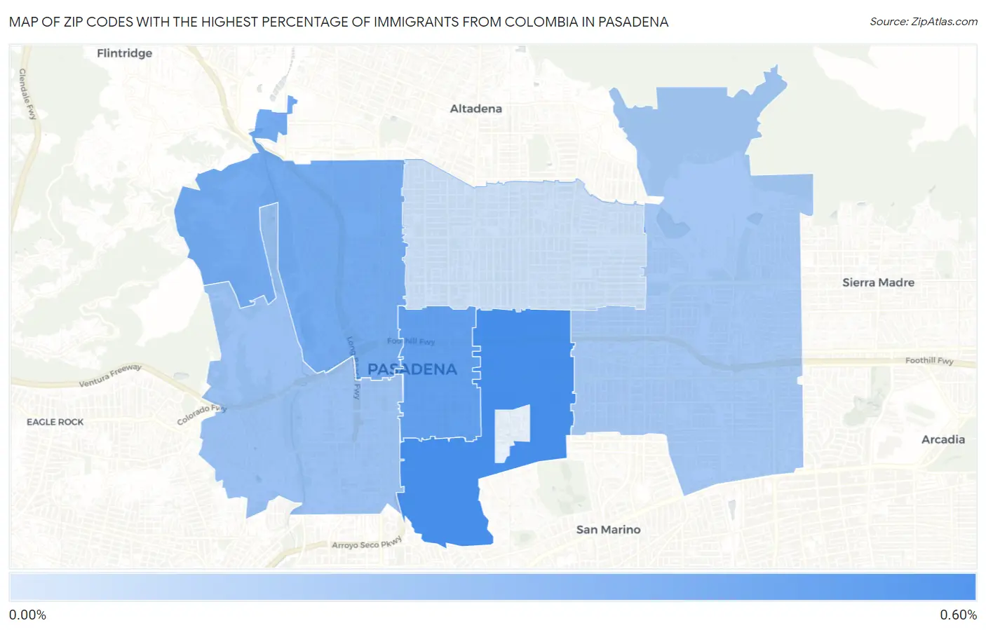 Zip Codes with the Highest Percentage of Immigrants from Colombia in Pasadena Map