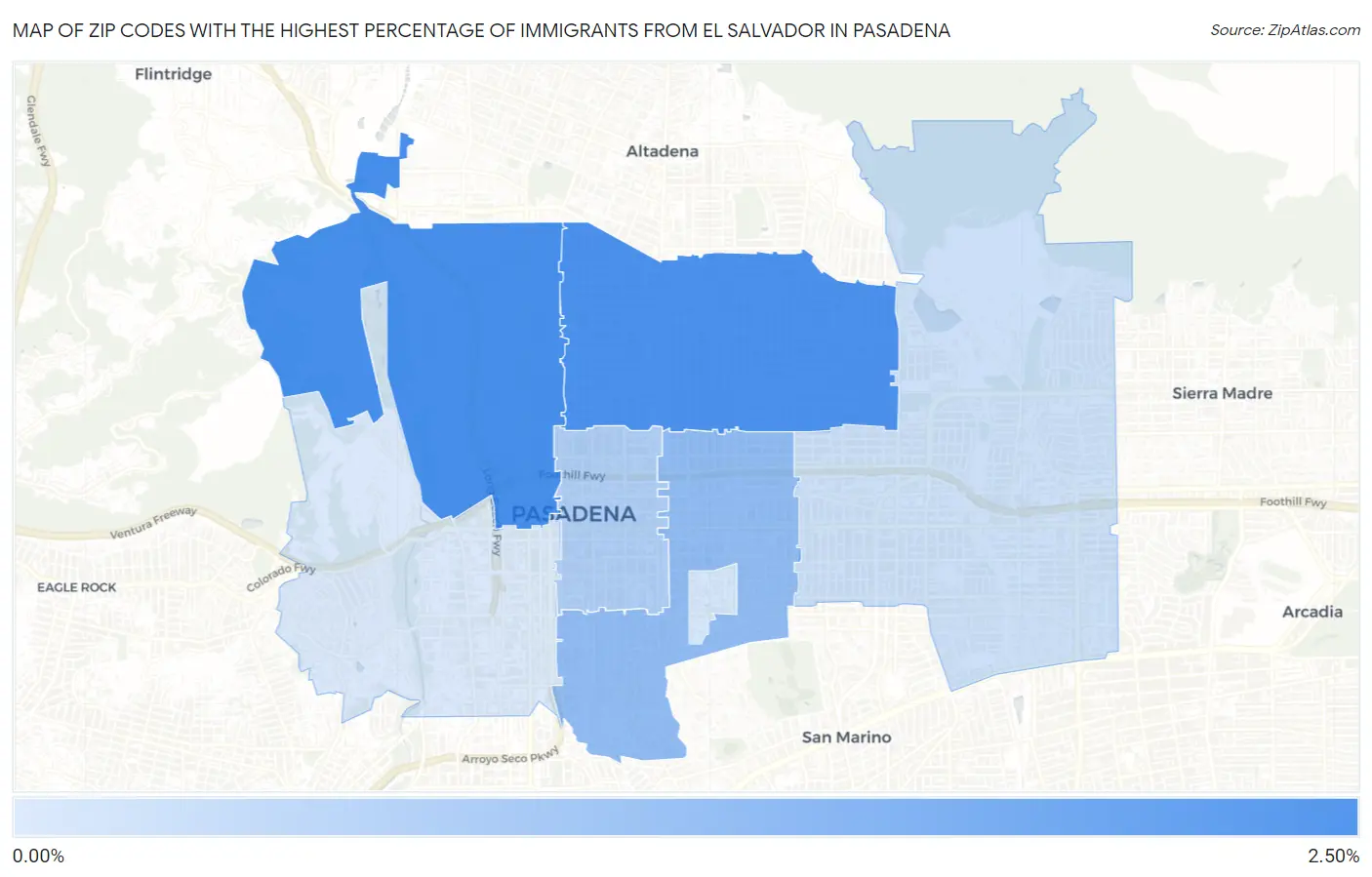 Zip Codes with the Highest Percentage of Immigrants from El Salvador in Pasadena Map