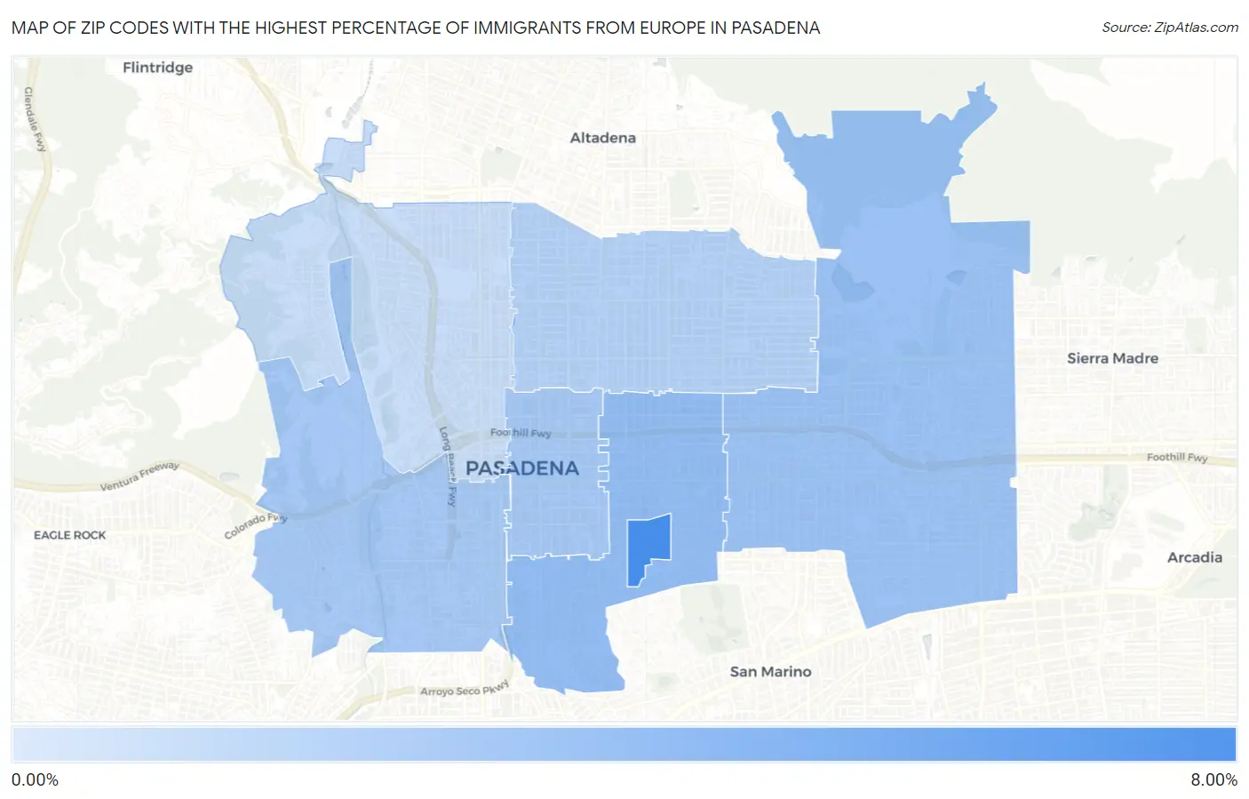 Zip Codes with the Highest Percentage of Immigrants from Europe in Pasadena Map
