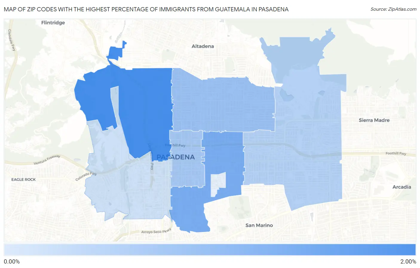 Zip Codes with the Highest Percentage of Immigrants from Guatemala in Pasadena Map