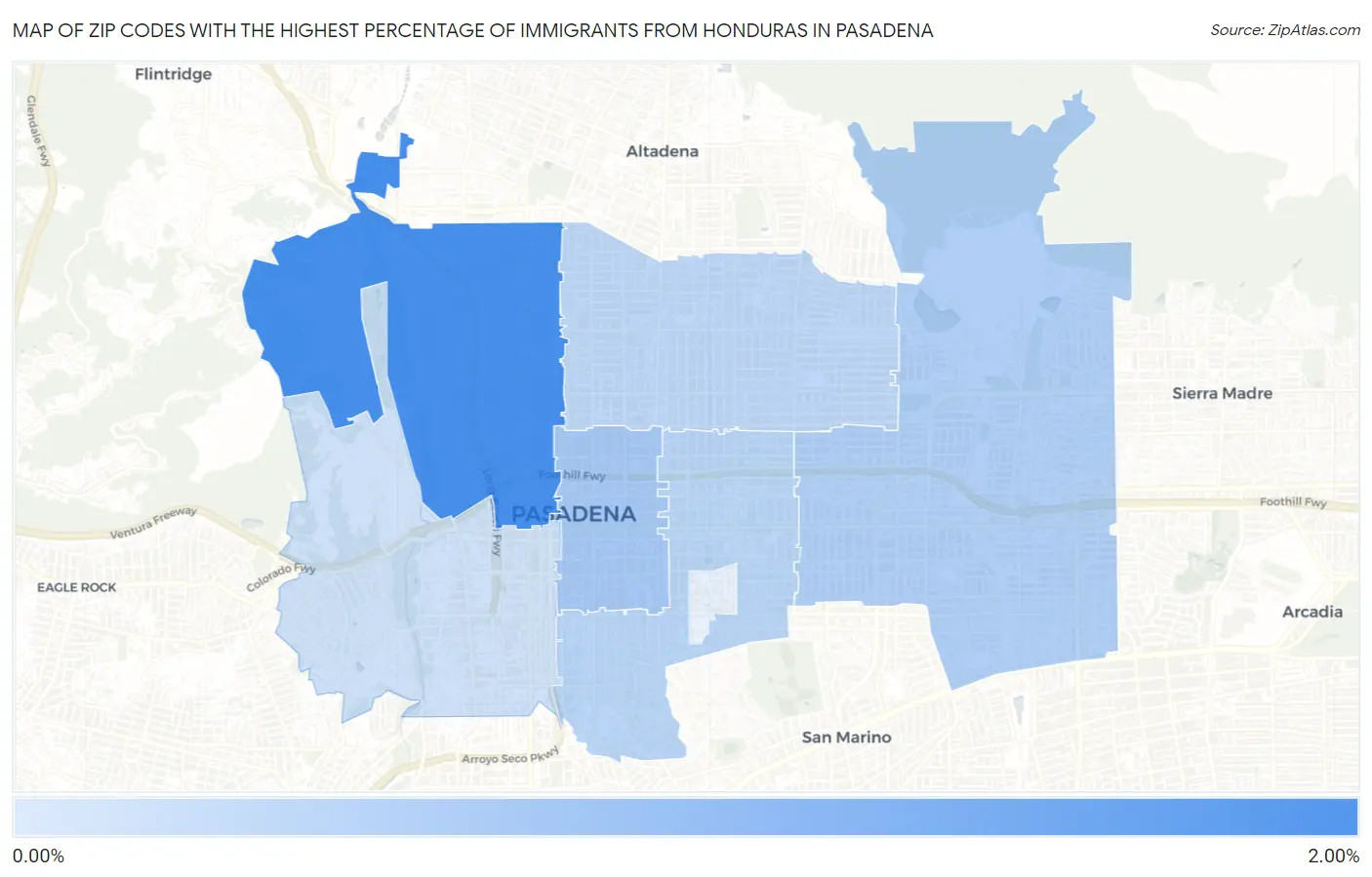 Zip Codes with the Highest Percentage of Immigrants from Honduras in Pasadena Map
