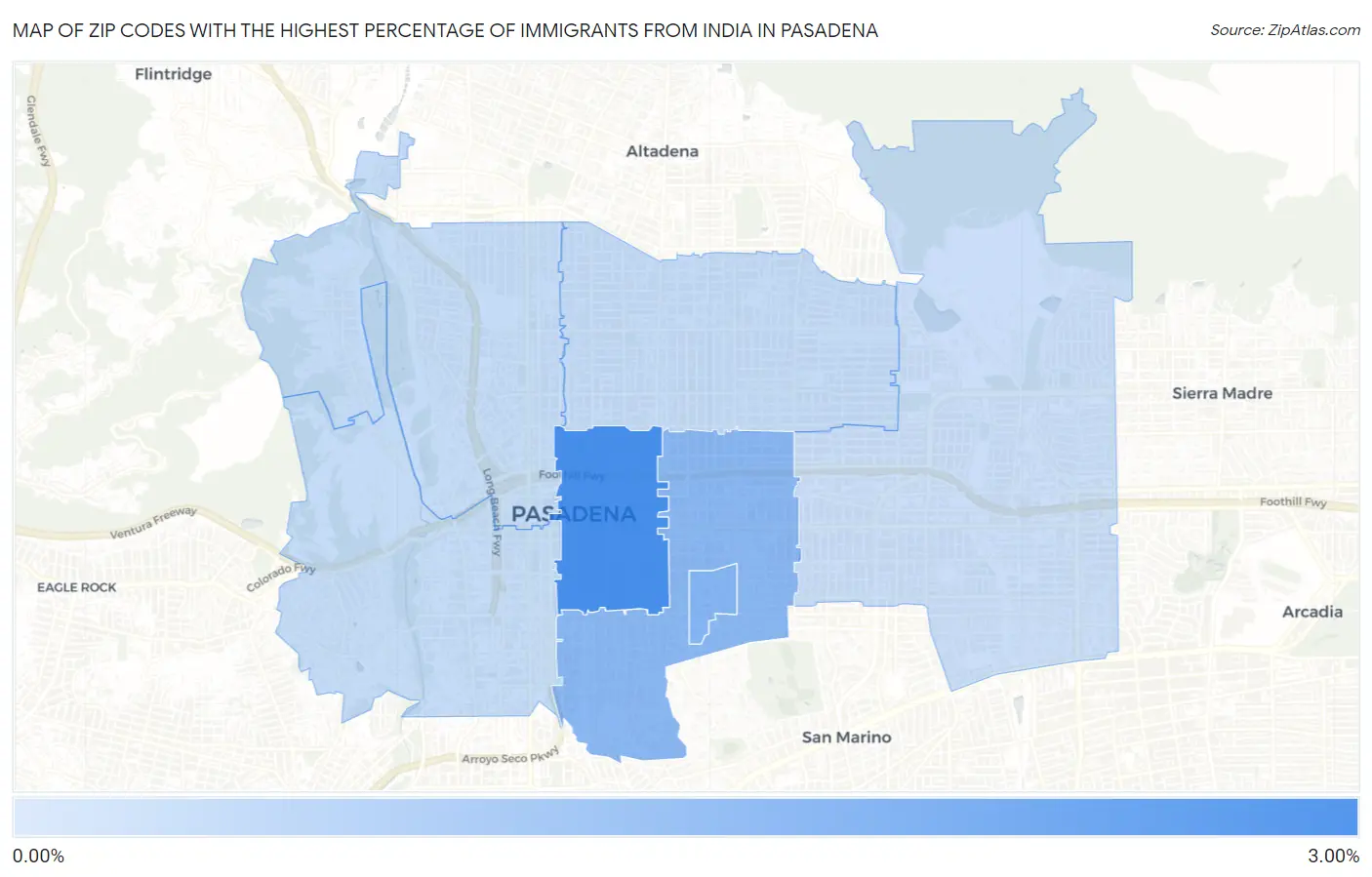 Zip Codes with the Highest Percentage of Immigrants from India in Pasadena Map