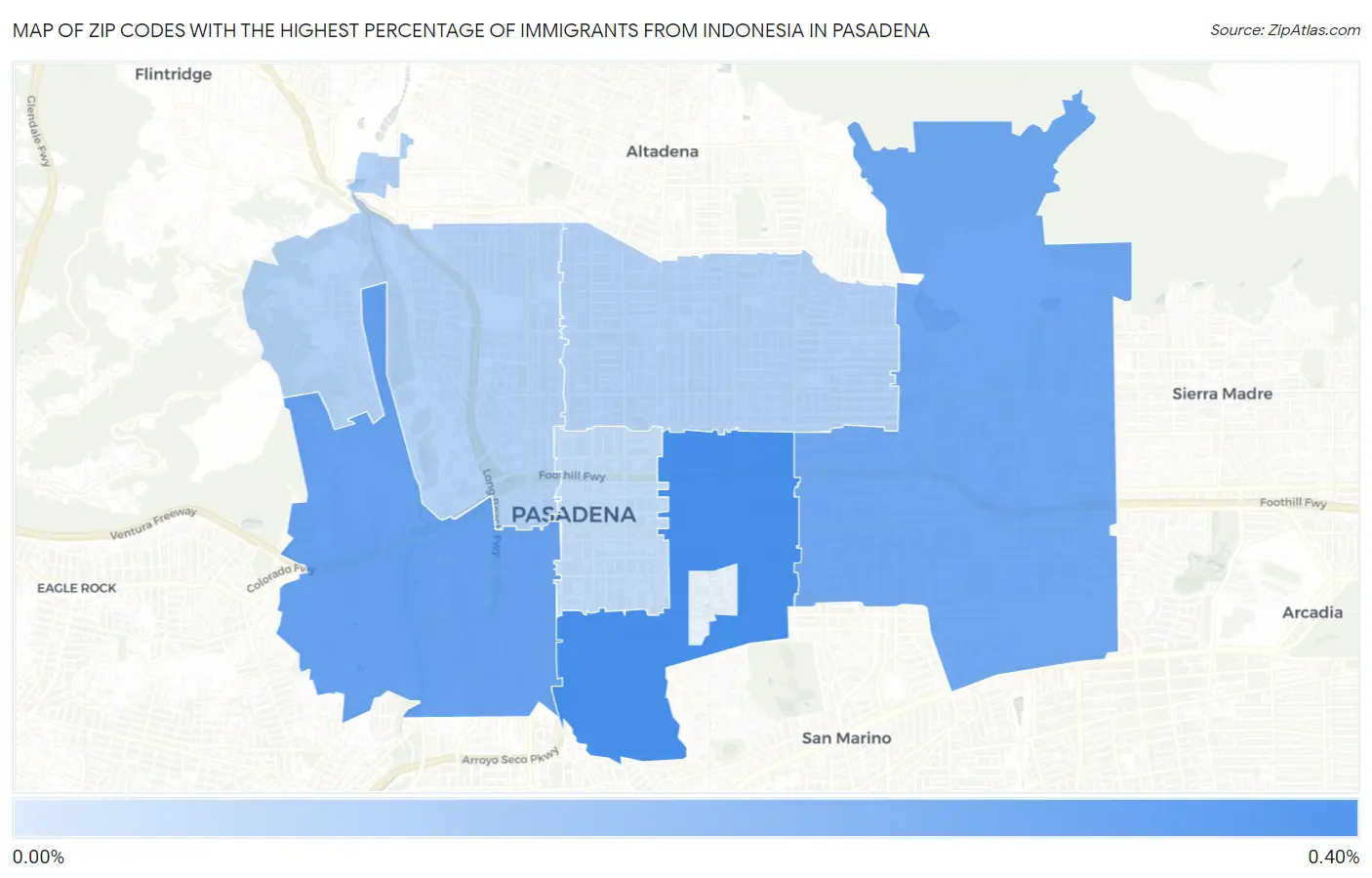 Zip Codes with the Highest Percentage of Immigrants from Indonesia in Pasadena Map