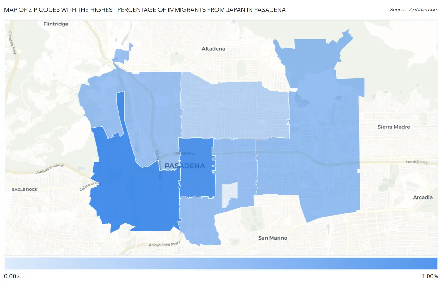 Zip Codes with the Highest Percentage of Immigrants from Japan in Pasadena Map