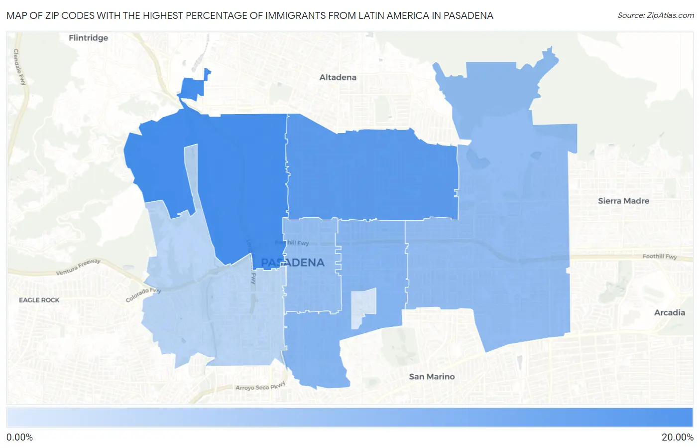 Zip Codes with the Highest Percentage of Immigrants from Latin America in Pasadena Map