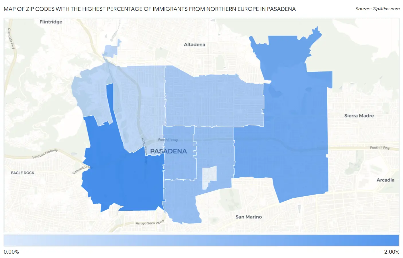 Zip Codes with the Highest Percentage of Immigrants from Northern Europe in Pasadena Map