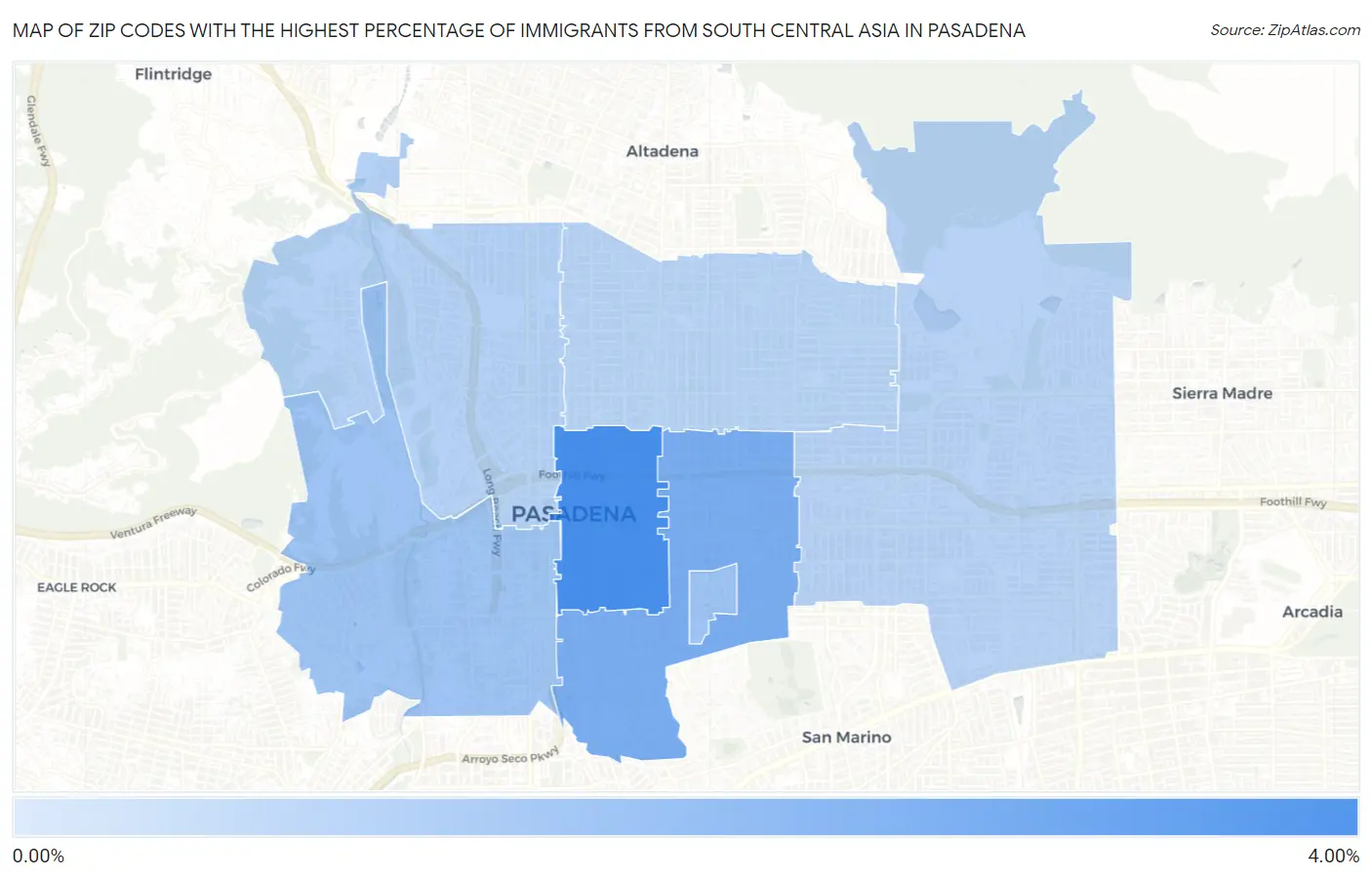 Zip Codes with the Highest Percentage of Immigrants from South Central Asia in Pasadena Map