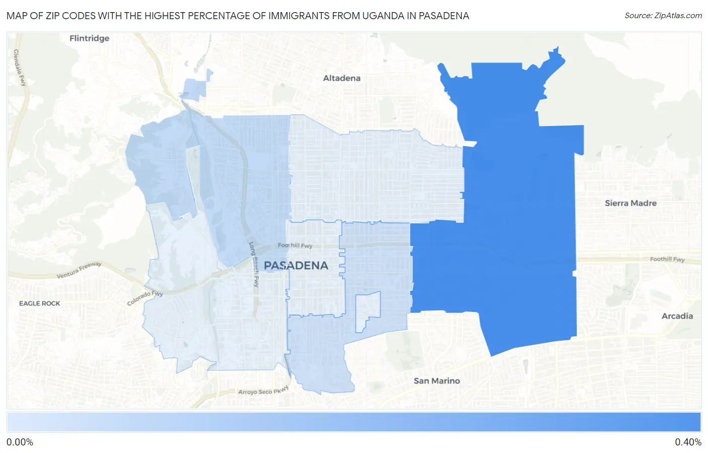 Zip Codes with the Highest Percentage of Immigrants from Uganda in Pasadena Map