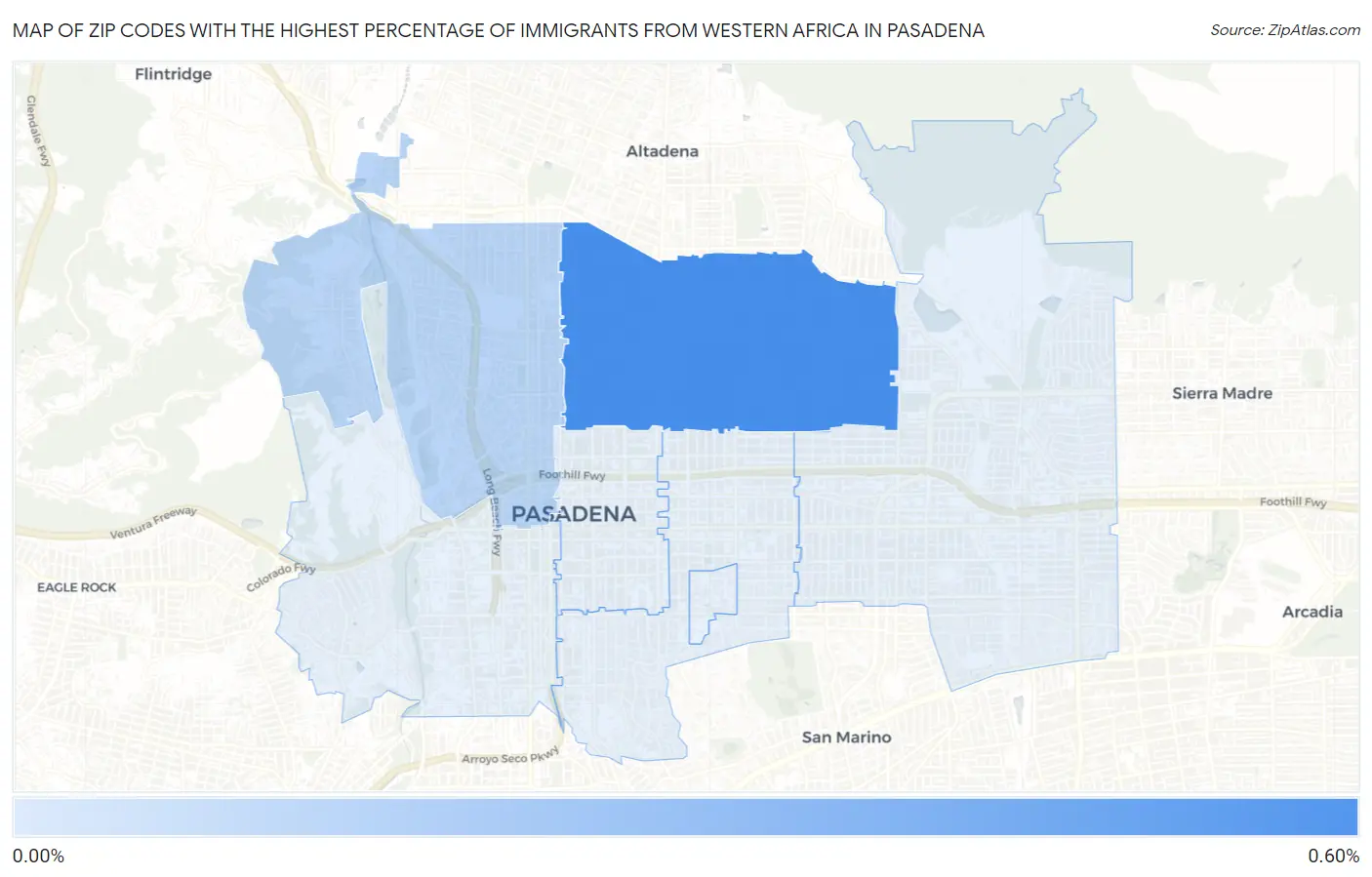 Zip Codes with the Highest Percentage of Immigrants from Western Africa in Pasadena Map