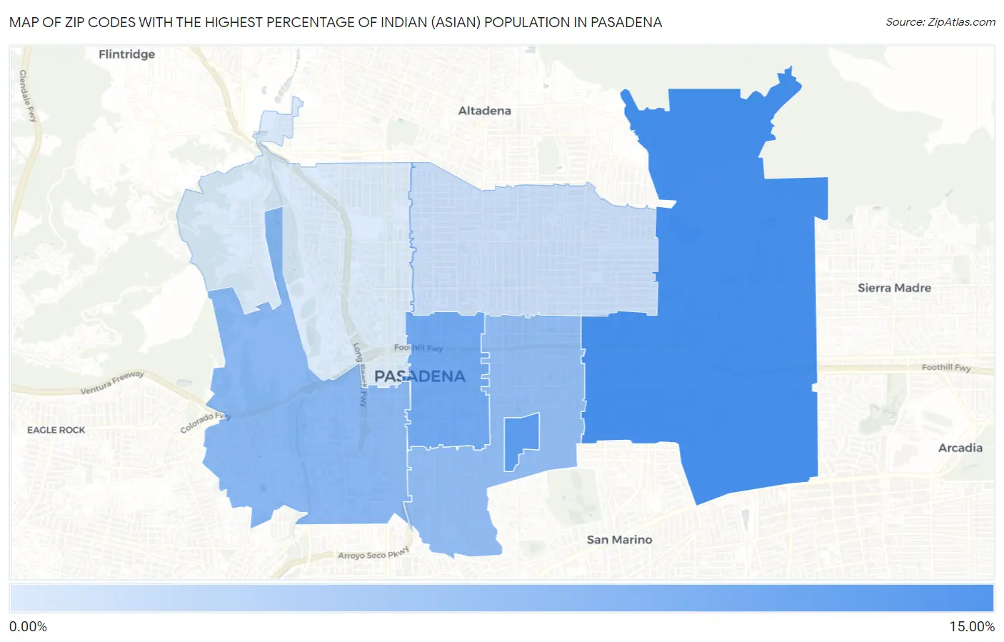 Zip Codes with the Highest Percentage of Indian (Asian) Population in Pasadena Map