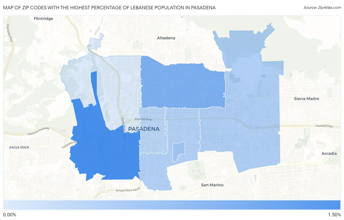 Zip Codes with the Highest Percentage of Lebanese Population in Pasadena Map