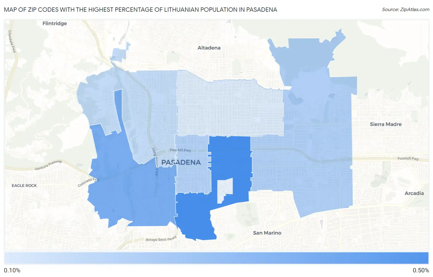 Zip Codes with the Highest Percentage of Lithuanian Population in Pasadena Map