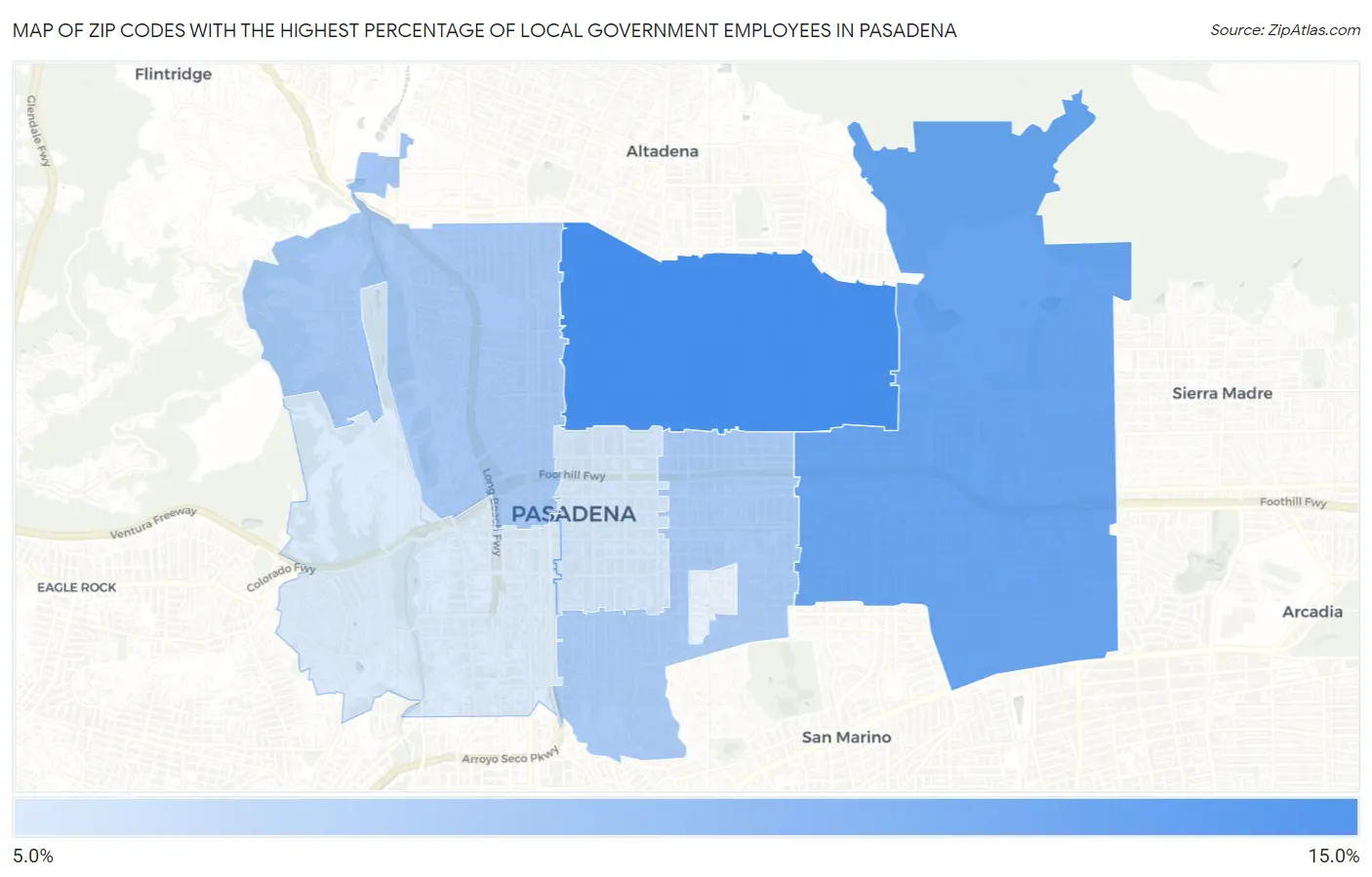 Zip Codes with the Highest Percentage of Local Government Employees in Pasadena Map