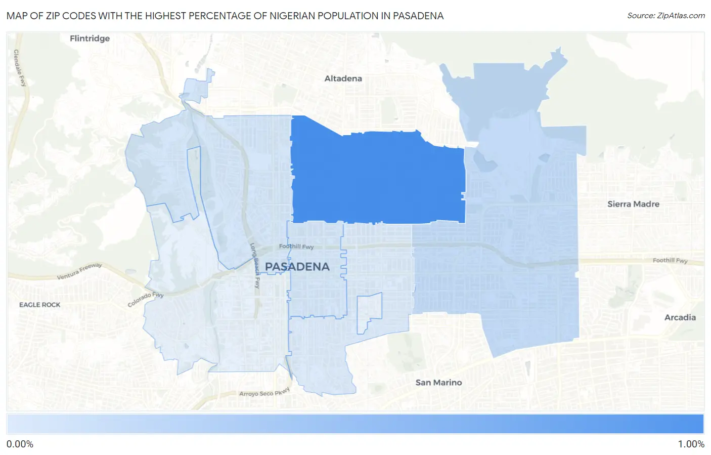 Zip Codes with the Highest Percentage of Nigerian Population in Pasadena Map