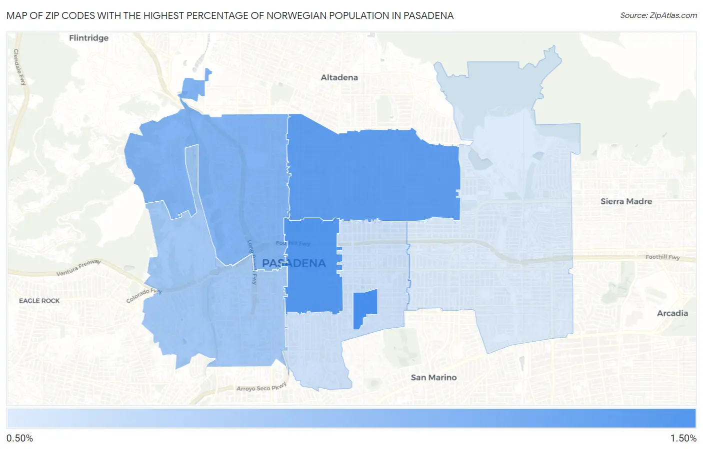 Zip Codes with the Highest Percentage of Norwegian Population in Pasadena Map