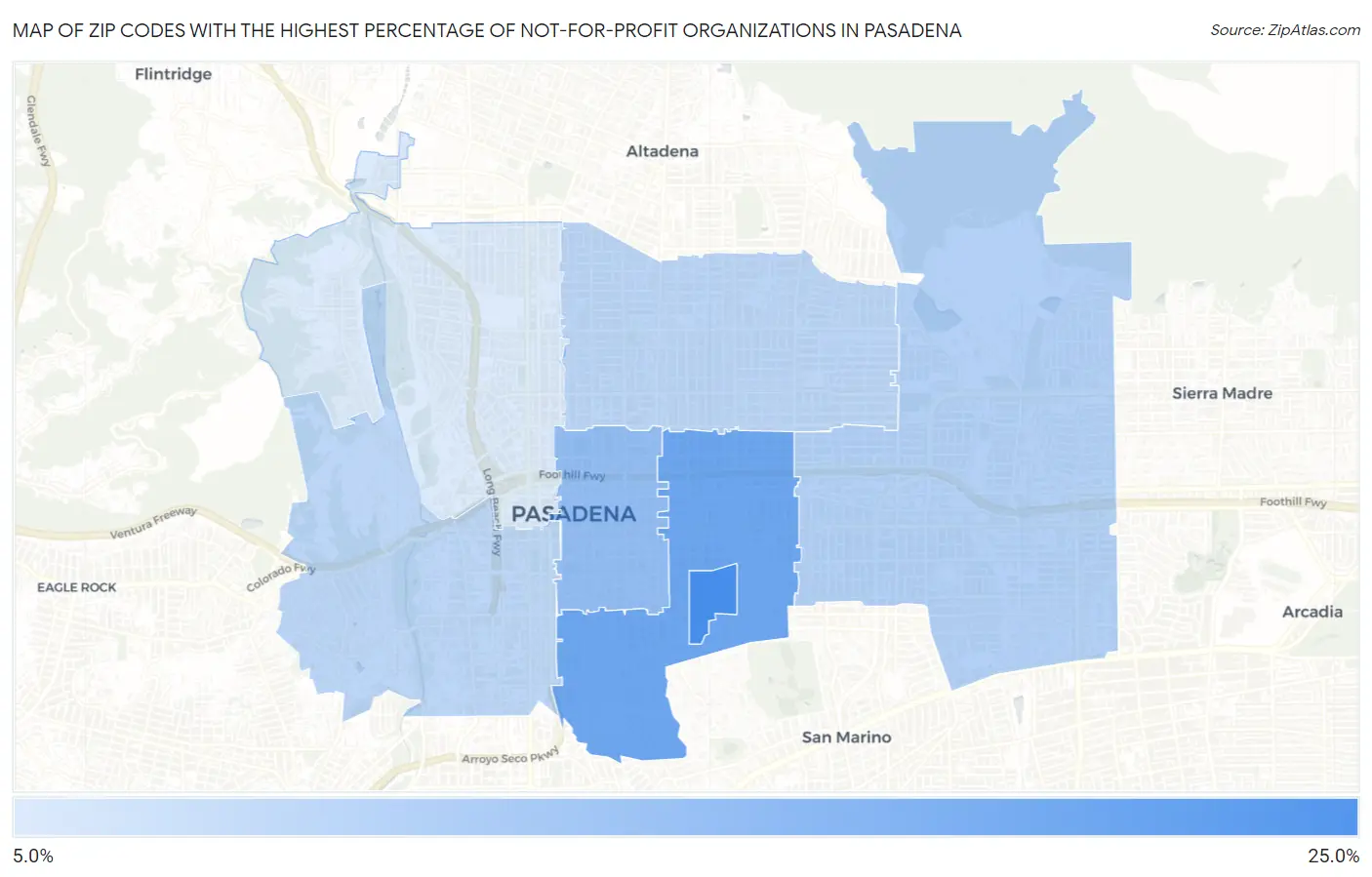 Zip Codes with the Highest Percentage of Not-for-profit Organizations in Pasadena Map