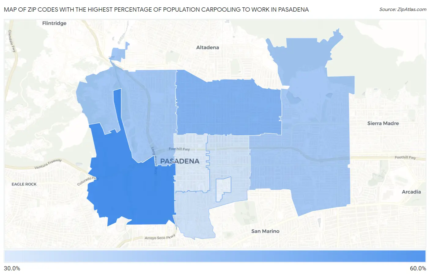 Zip Codes with the Highest Percentage of Population Carpooling to Work in Pasadena Map