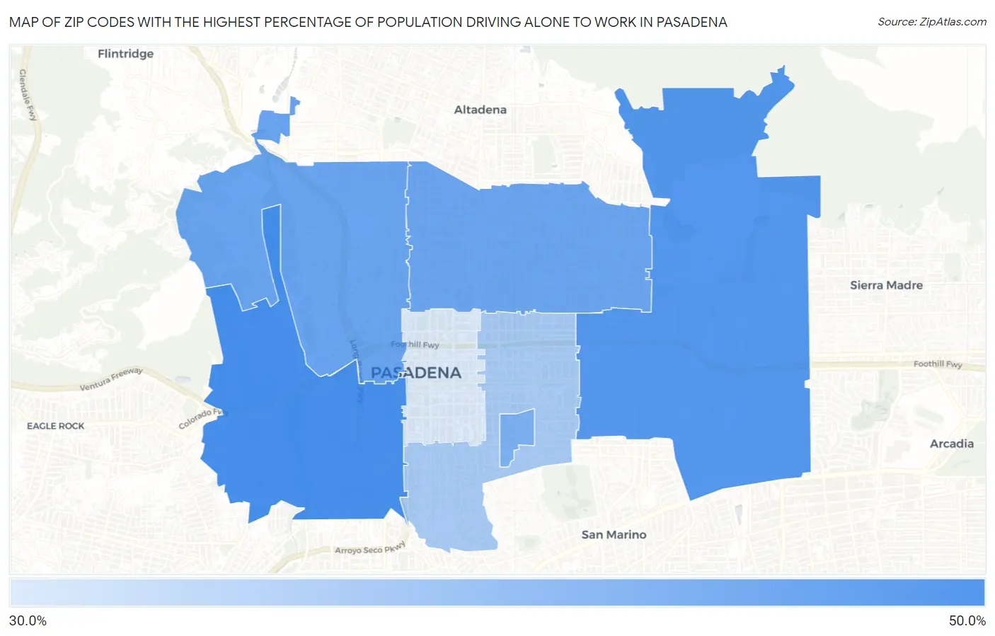 Zip Codes with the Highest Percentage of Population Driving Alone to Work in Pasadena Map