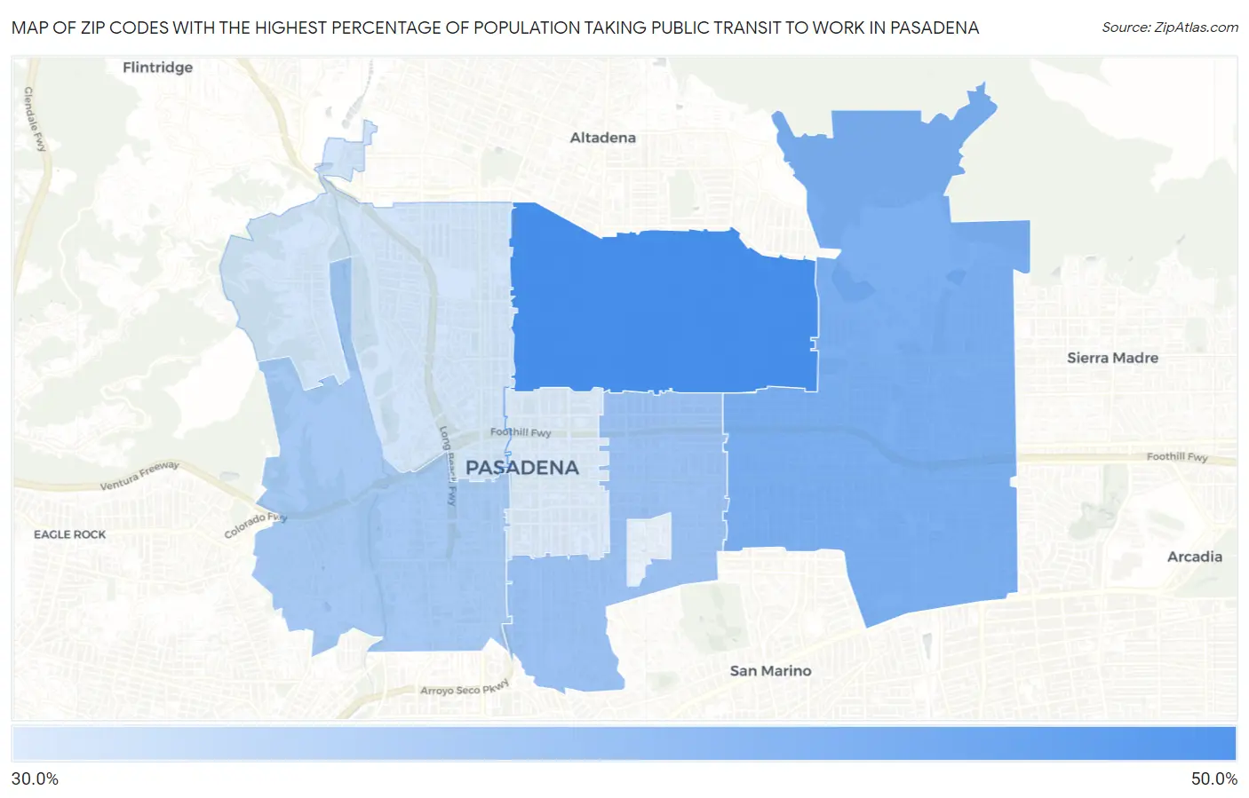Zip Codes with the Highest Percentage of Population Taking Public Transit to Work in Pasadena Map