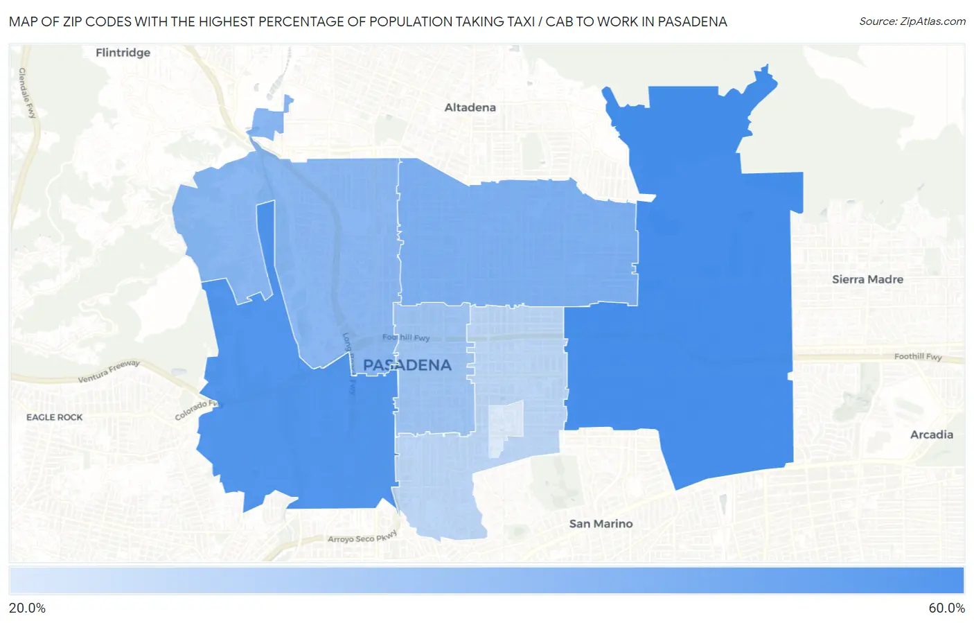 Zip Codes with the Highest Percentage of Population Taking Taxi / Cab to Work in Pasadena Map