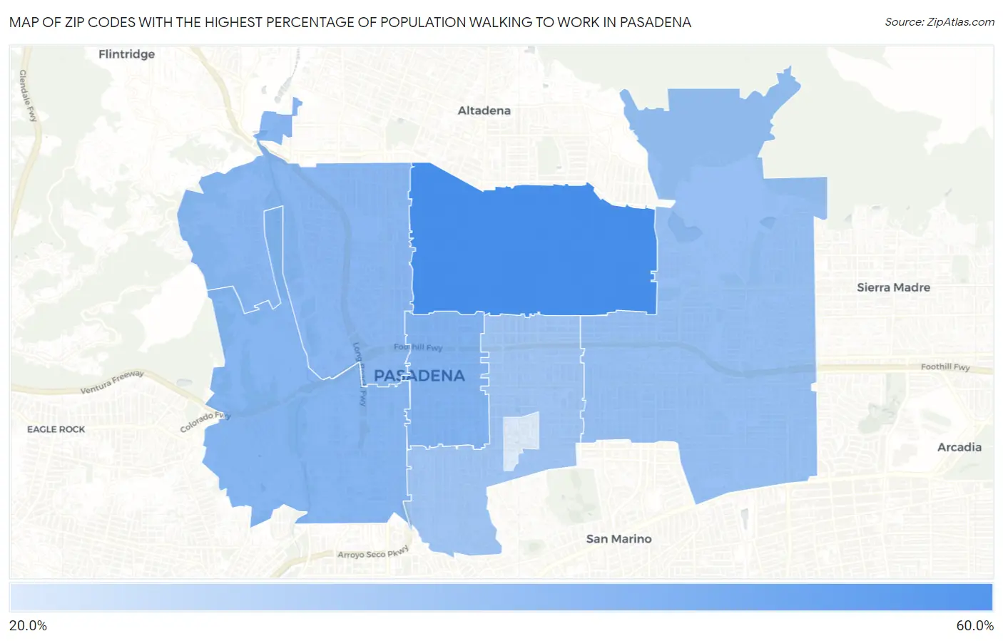 Zip Codes with the Highest Percentage of Population Walking to Work in Pasadena Map