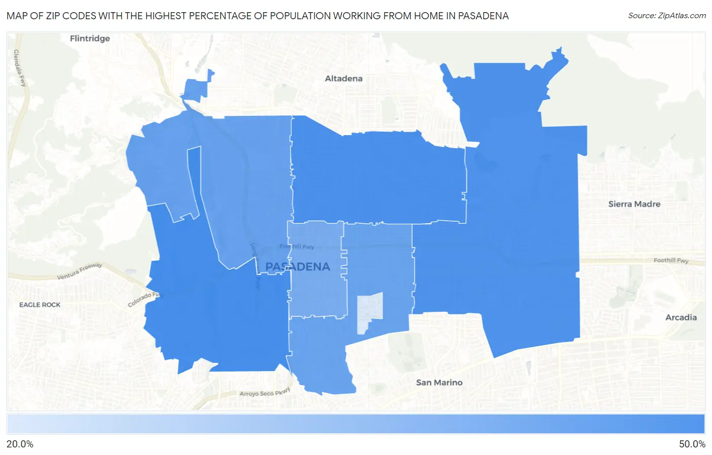 Zip Codes with the Highest Percentage of Population Working from Home in Pasadena Map
