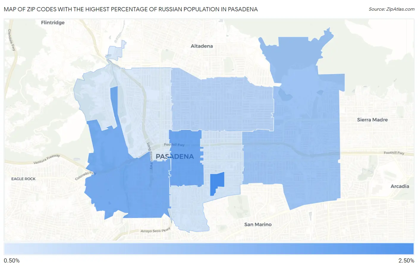 Zip Codes with the Highest Percentage of Russian Population in Pasadena Map