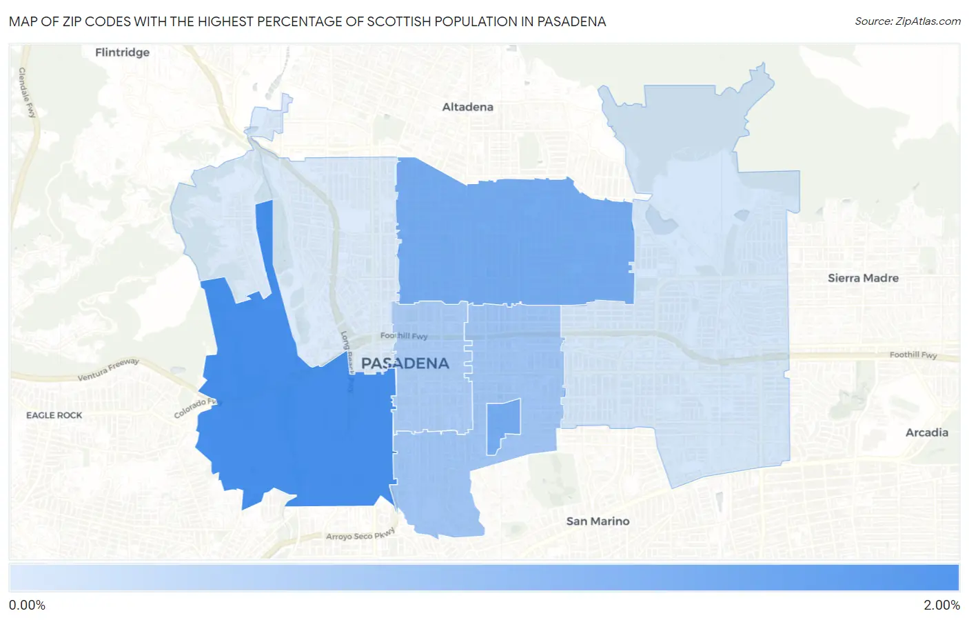 Zip Codes with the Highest Percentage of Scottish Population in Pasadena Map