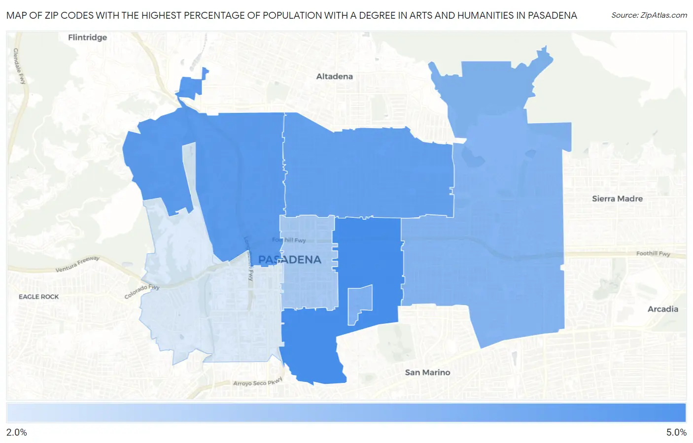 Zip Codes with the Highest Percentage of Population with a Degree in Arts and Humanities in Pasadena Map