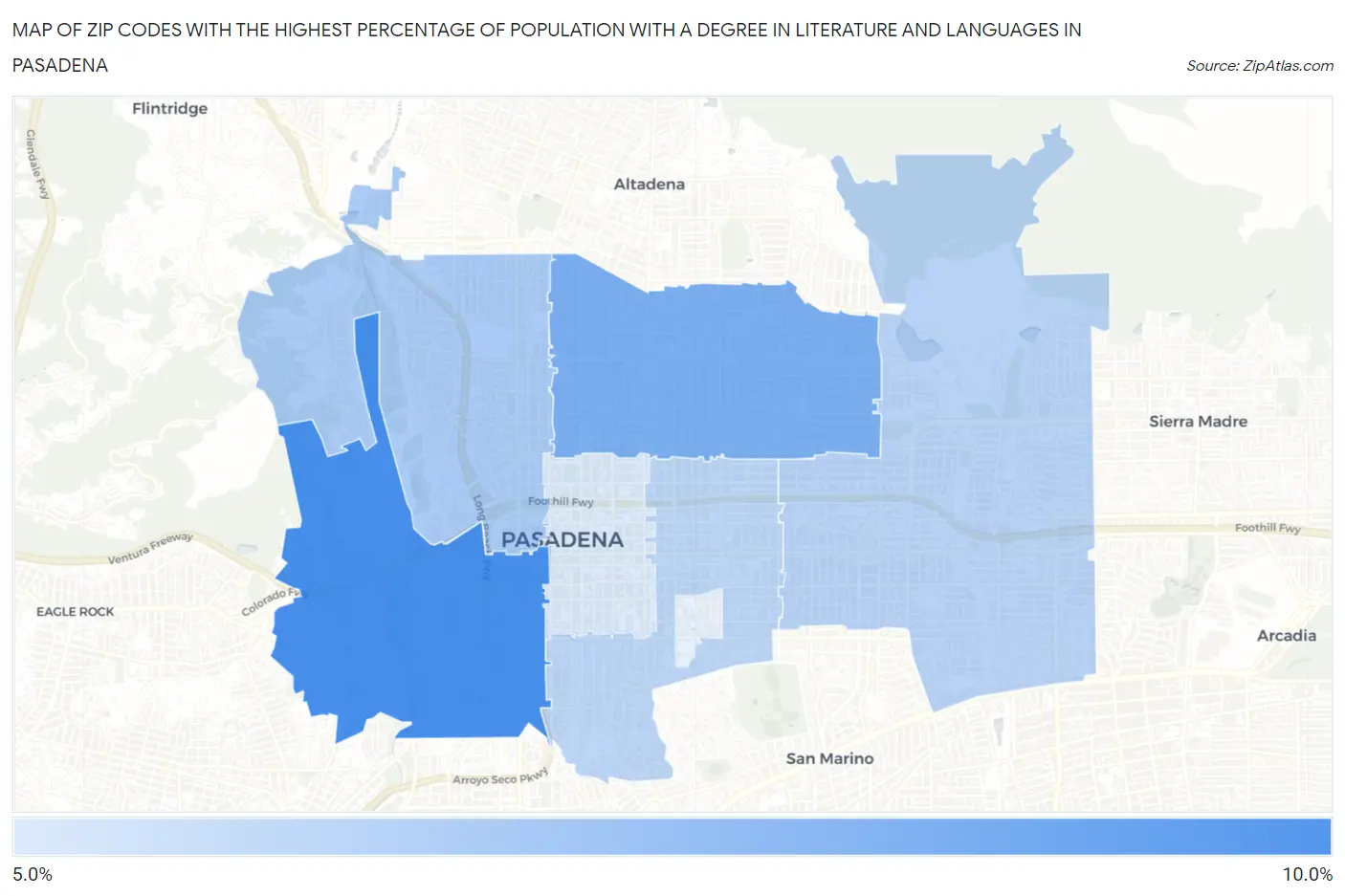 Zip Codes with the Highest Percentage of Population with a Degree in Literature and Languages in Pasadena Map