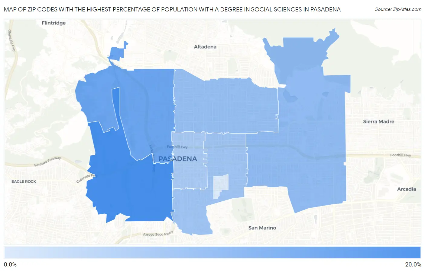 Zip Codes with the Highest Percentage of Population with a Degree in Social Sciences in Pasadena Map