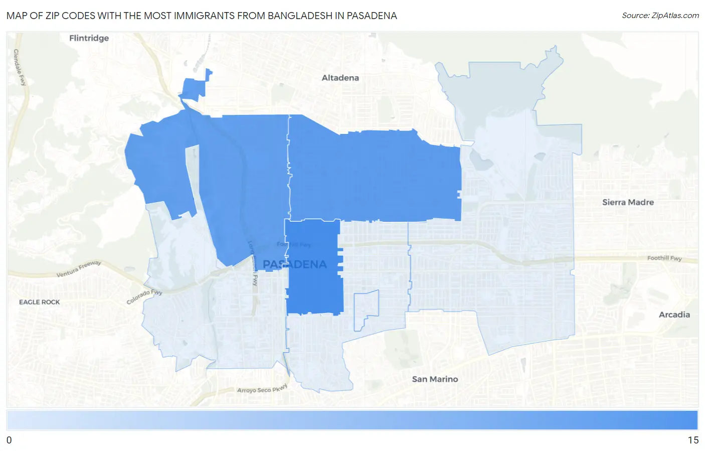 Zip Codes with the Most Immigrants from Bangladesh in Pasadena Map