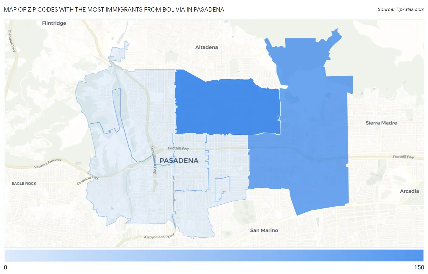 Zip Codes with the Most Immigrants from Bolivia in Pasadena Map