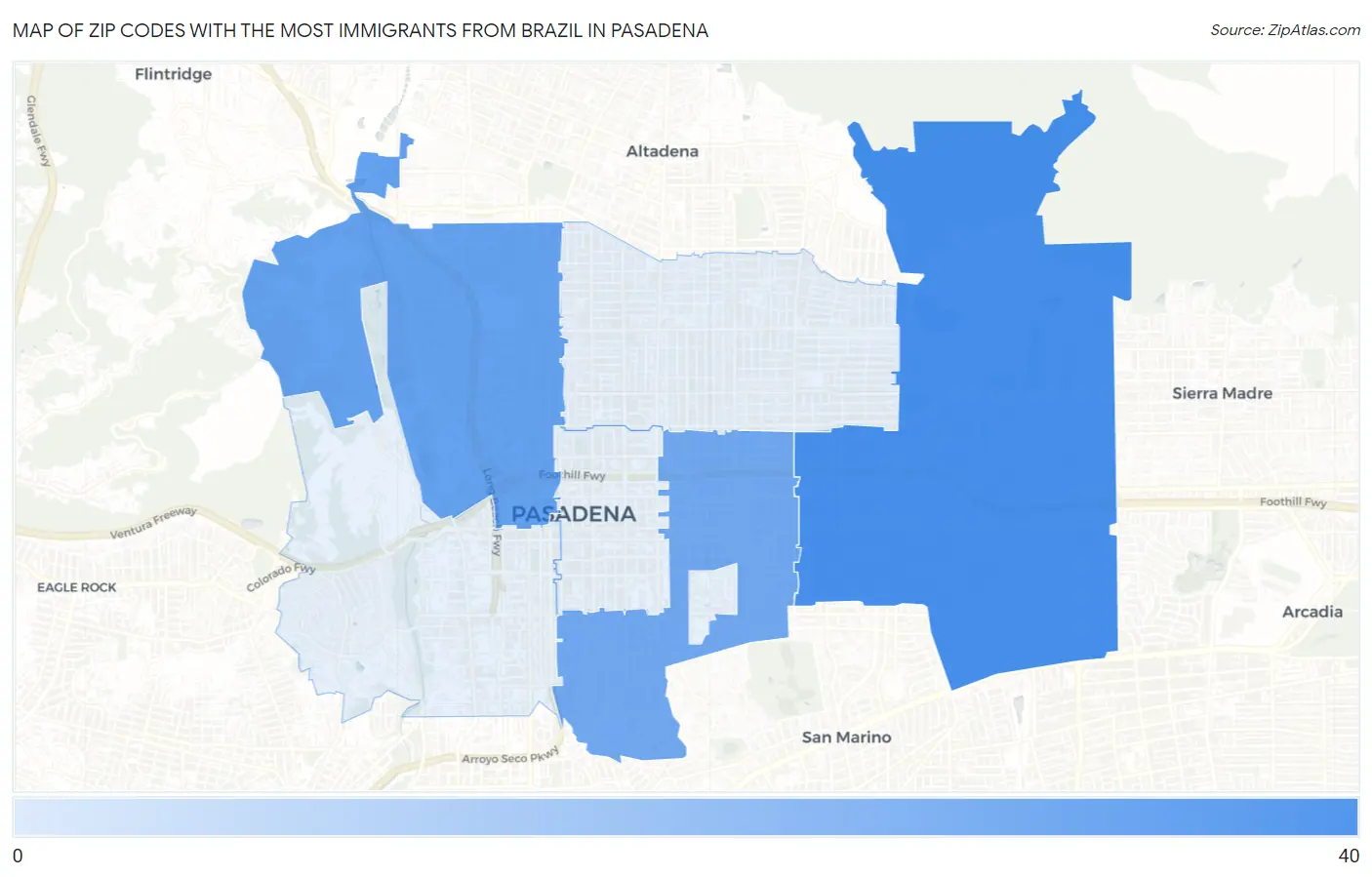 Zip Codes with the Most Immigrants from Brazil in Pasadena Map
