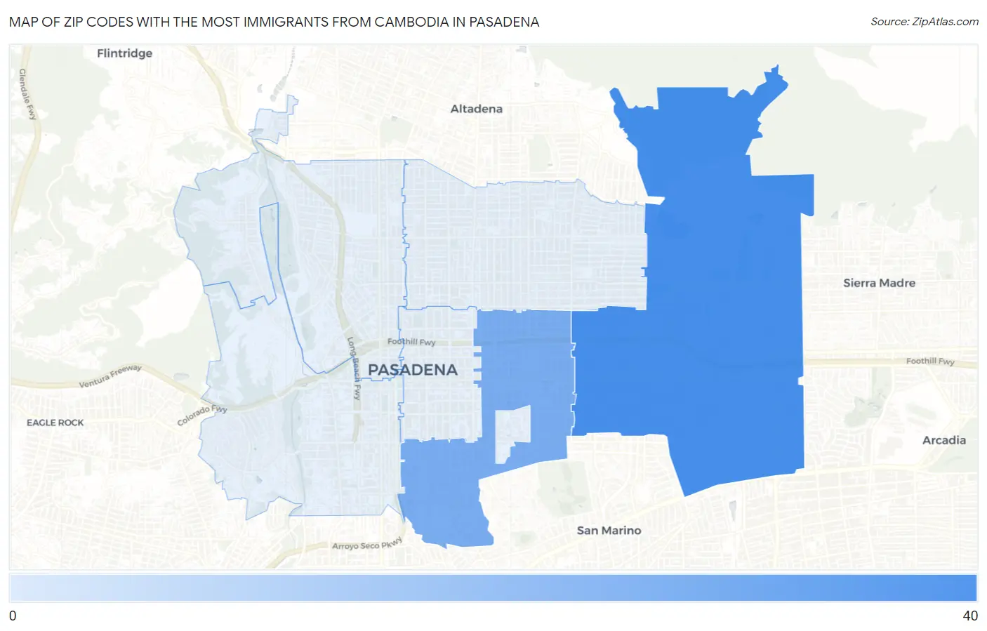 Zip Codes with the Most Immigrants from Cambodia in Pasadena Map
