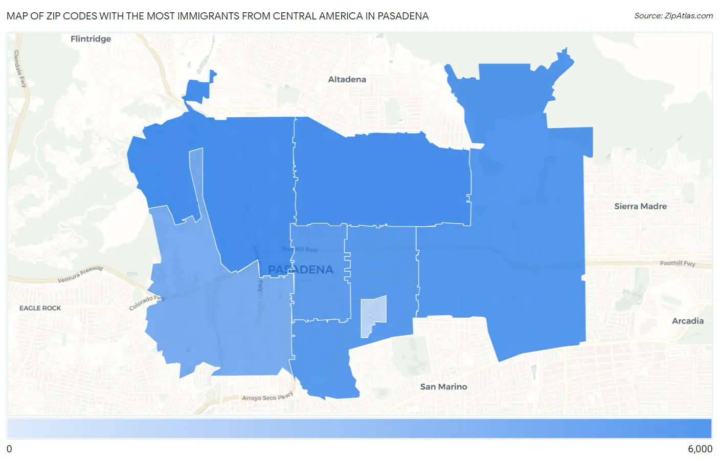 Zip Codes with the Most Immigrants from Central America in Pasadena Map