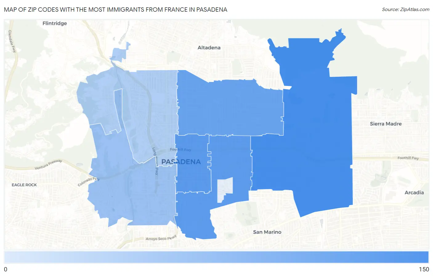 Zip Codes with the Most Immigrants from France in Pasadena Map