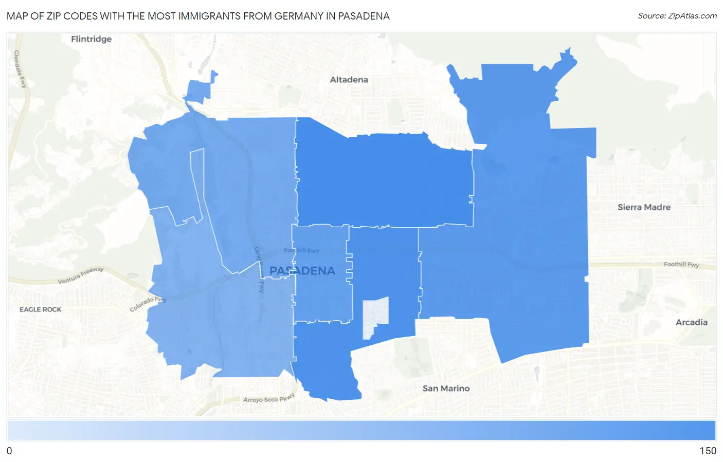 Zip Codes with the Most Immigrants from Germany in Pasadena Map