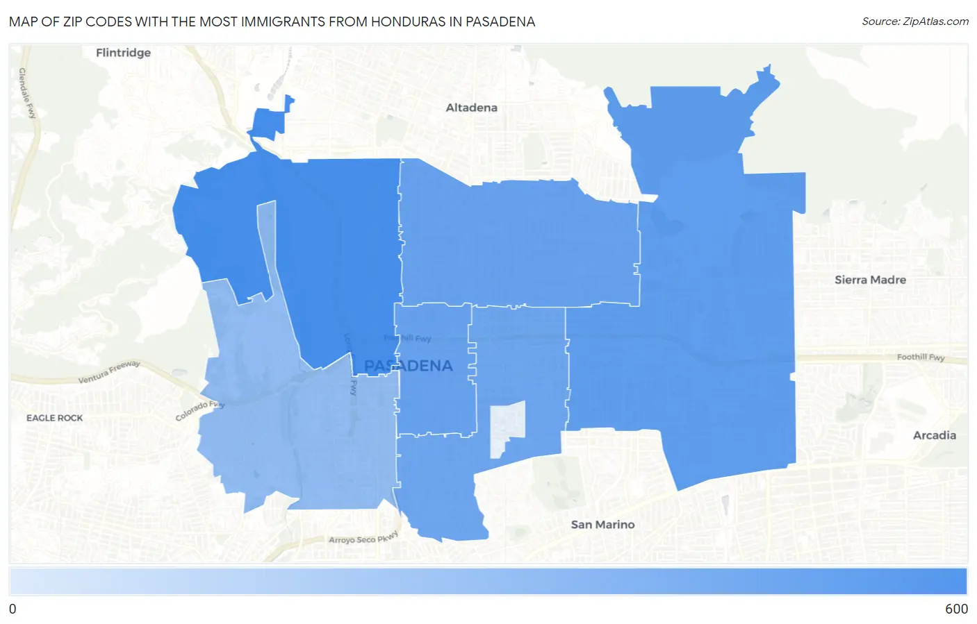 Zip Codes with the Most Immigrants from Honduras in Pasadena Map