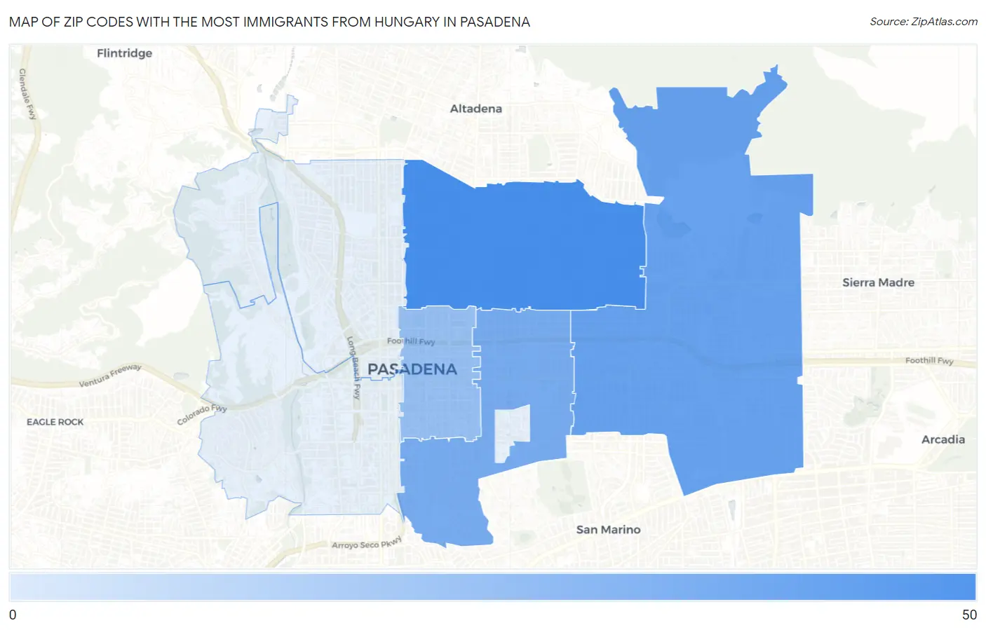 Zip Codes with the Most Immigrants from Hungary in Pasadena Map